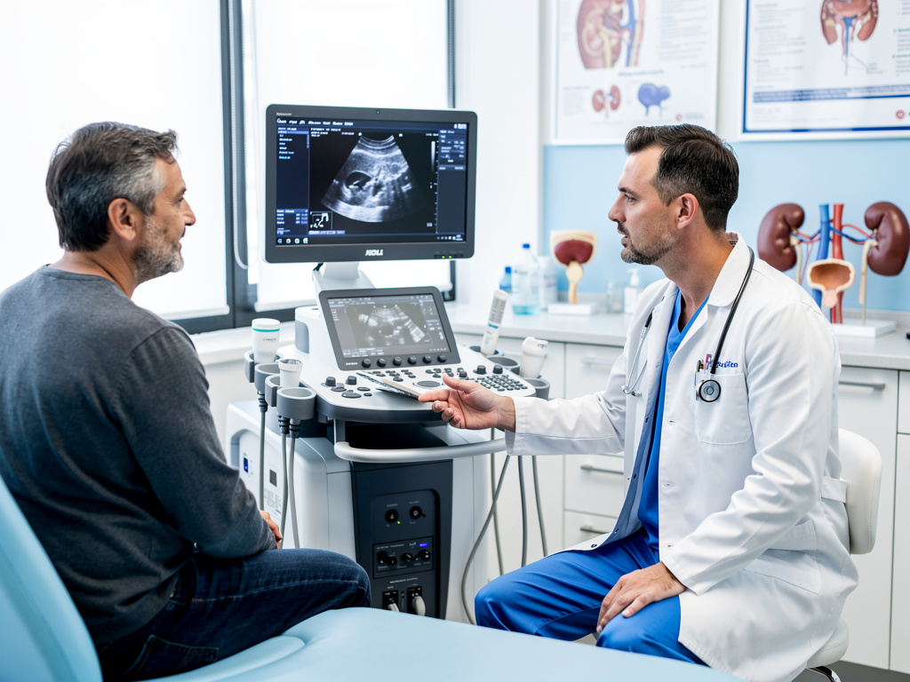 Urólogo explicando ecografía renal a paciente en consulta médica con equipo de ultrasonido Urólogo explicando ecografía renal a paciente en consulta médica con equipo de ultrasonido