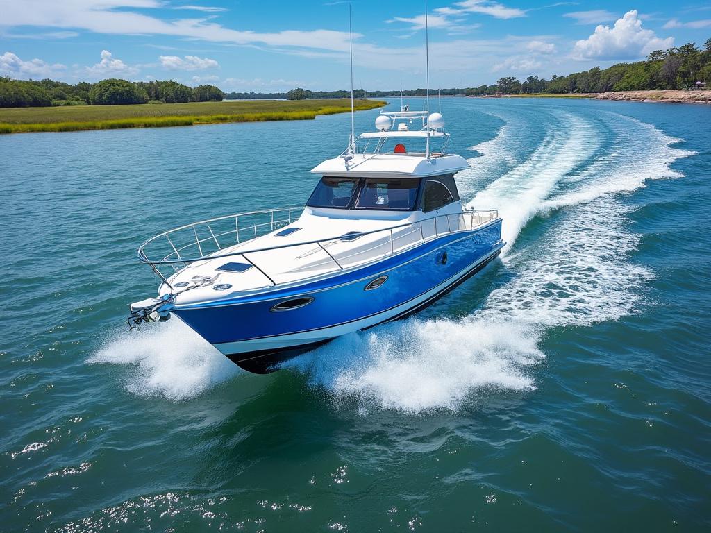Yate azul navegando a alta velocidad en aguas tranquilas bajo un cielo despejado.