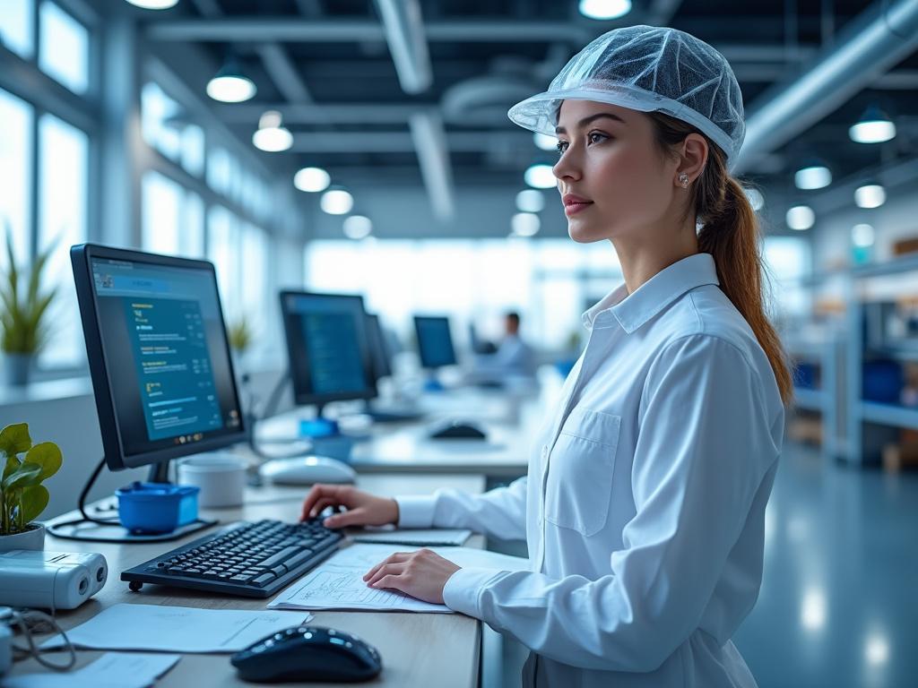 Ingeniera industrial trabajando en un ordenador en una oficina moderna.