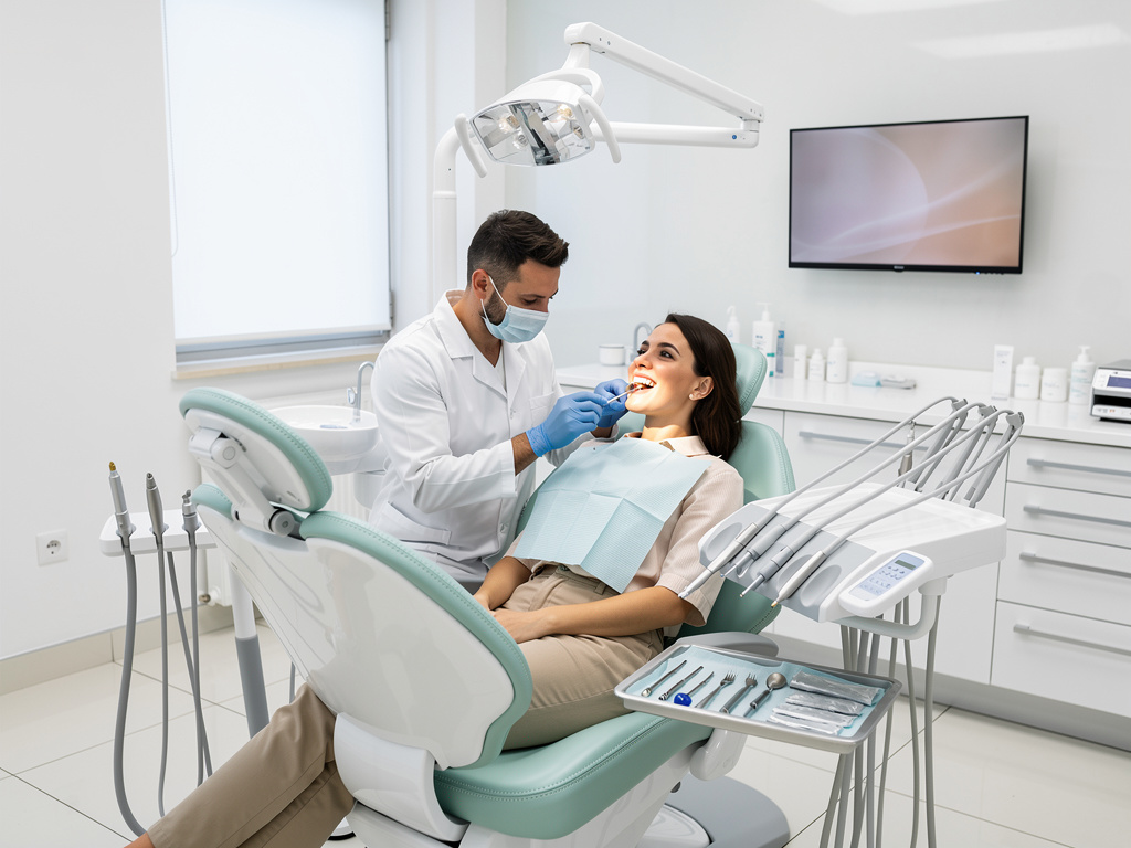 Dentista atendiendo a paciente en clínica dental moderna con silla odontológica y equipo profesional