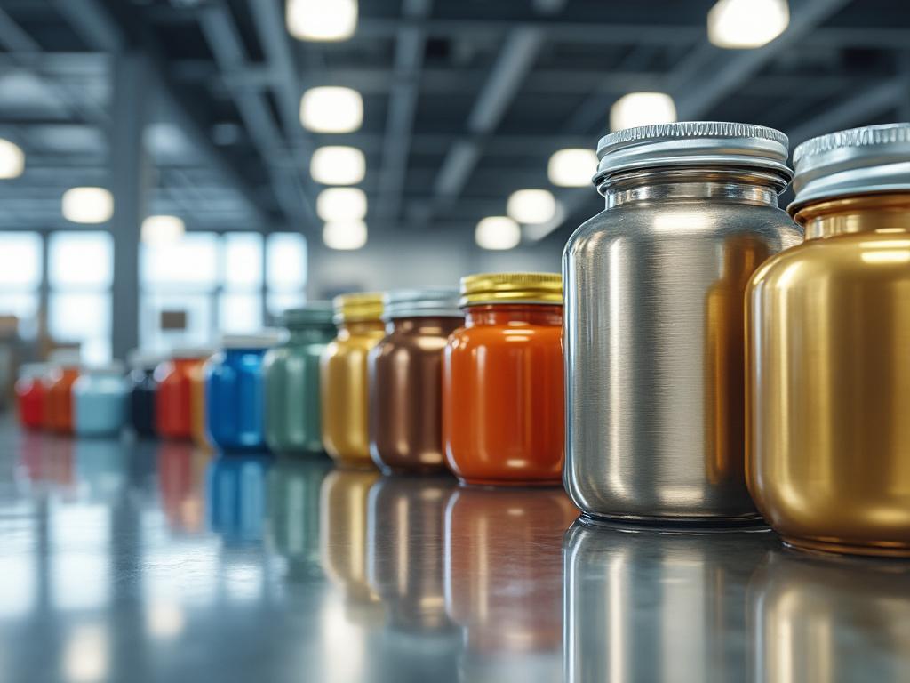 Frascos metálicos de colores brillantes alineados sobre una mesa reflectante en un entorno industrial.