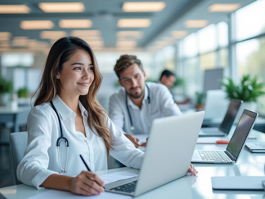Profesionales de la salud trabajando en una oficina moderna con ordenadores portátiles.