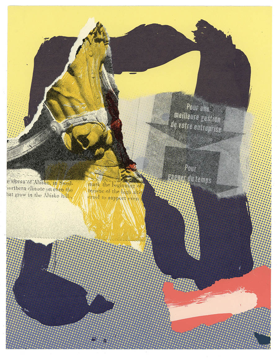 Bit and Bridle (Epigram)
Screenprint with torn and pasted screeprints and chine colle on paper.
8.5" X 11"
