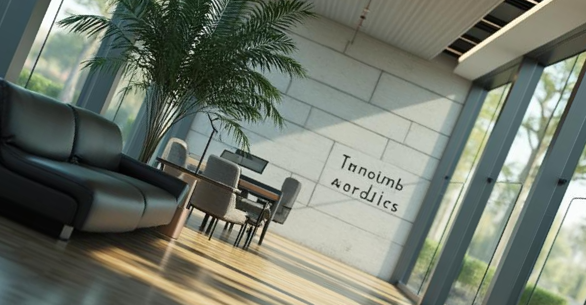 Modern office hallway with large windows, a black sofa, and plants.
