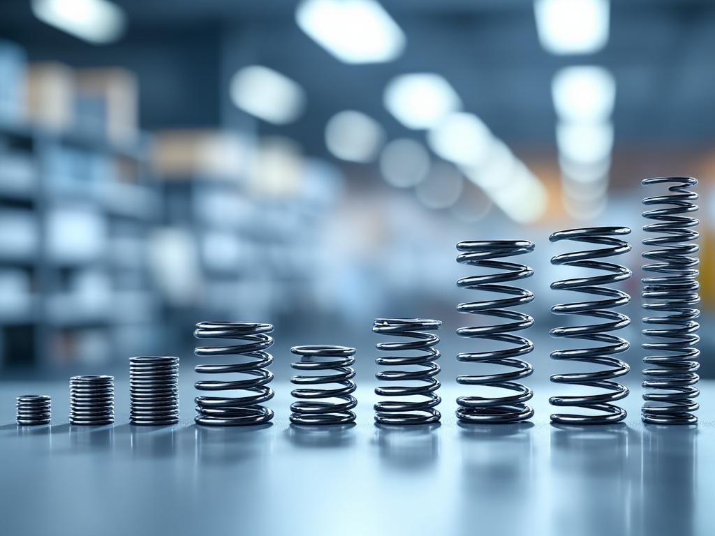Conjunto de resortes de metal de diferentes tamaños en una mesa, con fondo desenfocado de una tienda o taller.