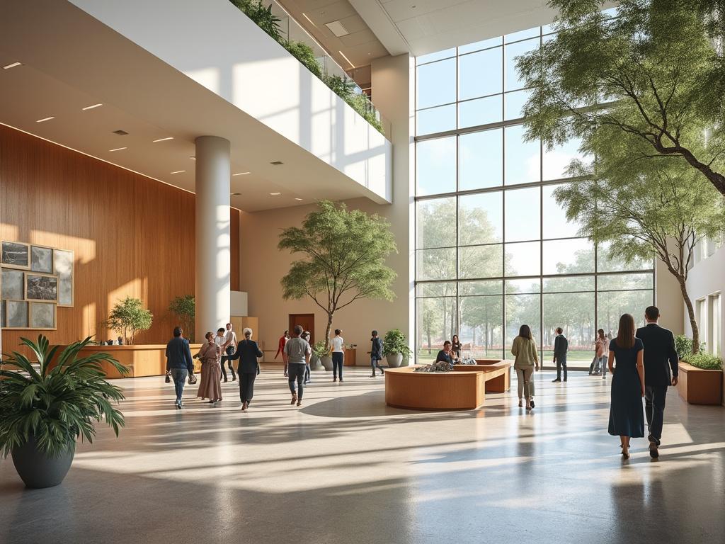 Espacioso vestíbulo con grandes ventanales, plantas, y personas caminando por el área iluminada por la luz natural.