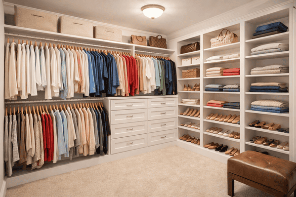 Walk-in closet organized by professional organizer with built-in shelving