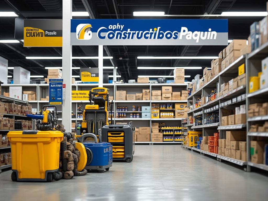 Pasillo de tienda de herramientas con estantes llenos de cajas y maquinaria al fondo, bajo un letrero que dice 'Constructibos Paquin'.