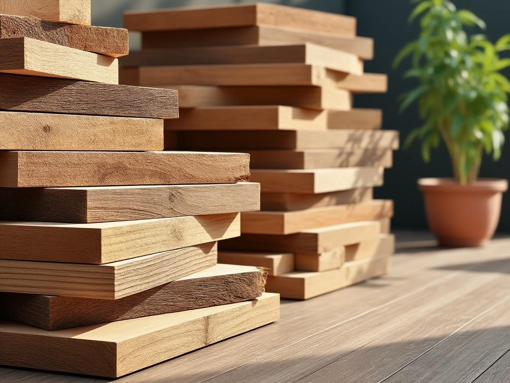 Pilas de tablones de madera sobre una mesa, con una planta en maceta de fondo.