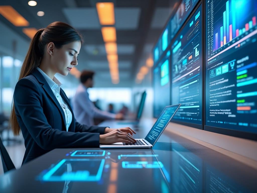 Woman working on a laptop in a modern tech office with multiple digital screens displaying data and graphs.