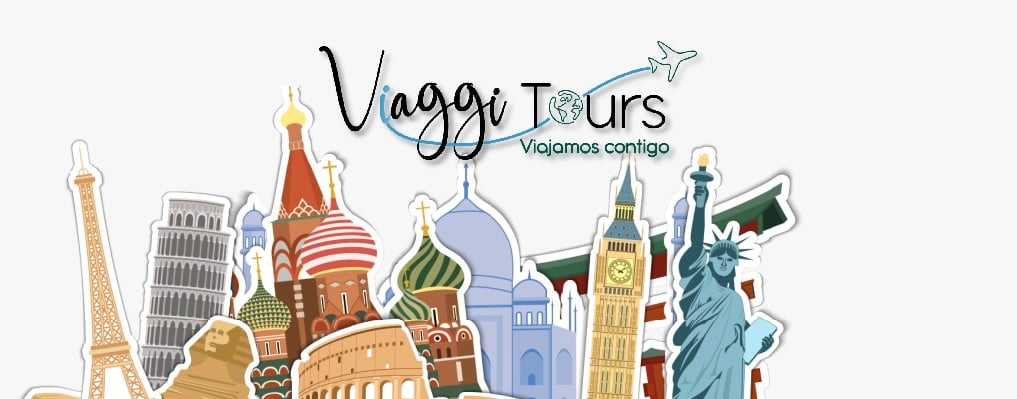Logo de Viaggi Tours con monumentos turísticos internacionales como Torre Eiffel, Coliseo, Big Ben y Estatua de la Libertad