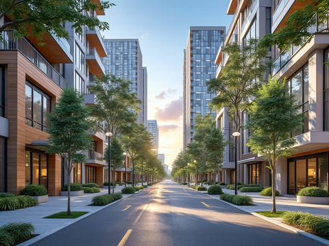 Calle urbana con edificios modernos y árboles alineados, iluminada por el sol. Calle urbana con edificios modernos y árboles alineados, iluminada por el sol.