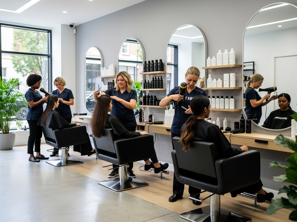 Salón de belleza moderno con estilistas peinando a clientas frente a espejos grandes y estanterías con productos capilares