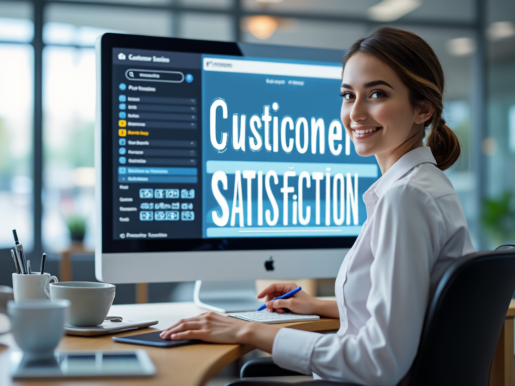 Smiling businesswoman working on a computer displaying customer satisfaction dashboard in a modern office setting.