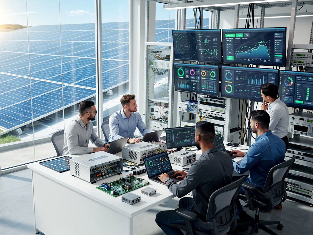 Ingenieros monitoreando sistemas de energía solar con paneles fotovoltaicos, servidores y pantallas de control en laboratorio tecnológico