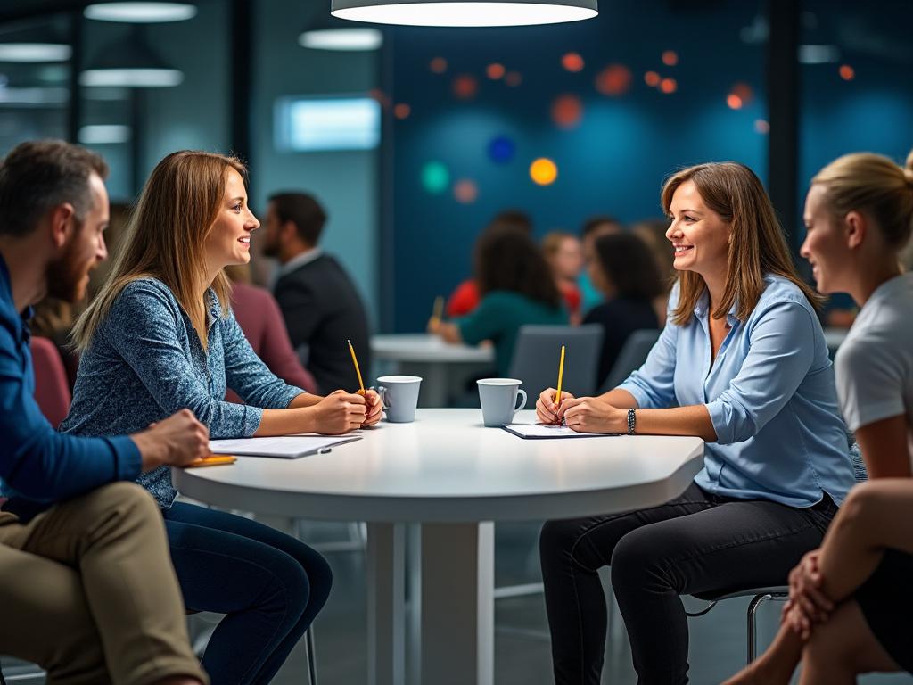 Four people sitting at a round table in a modern office, engaged in a friendly meeting, with notebooks and coffee cups, under soft lighting.