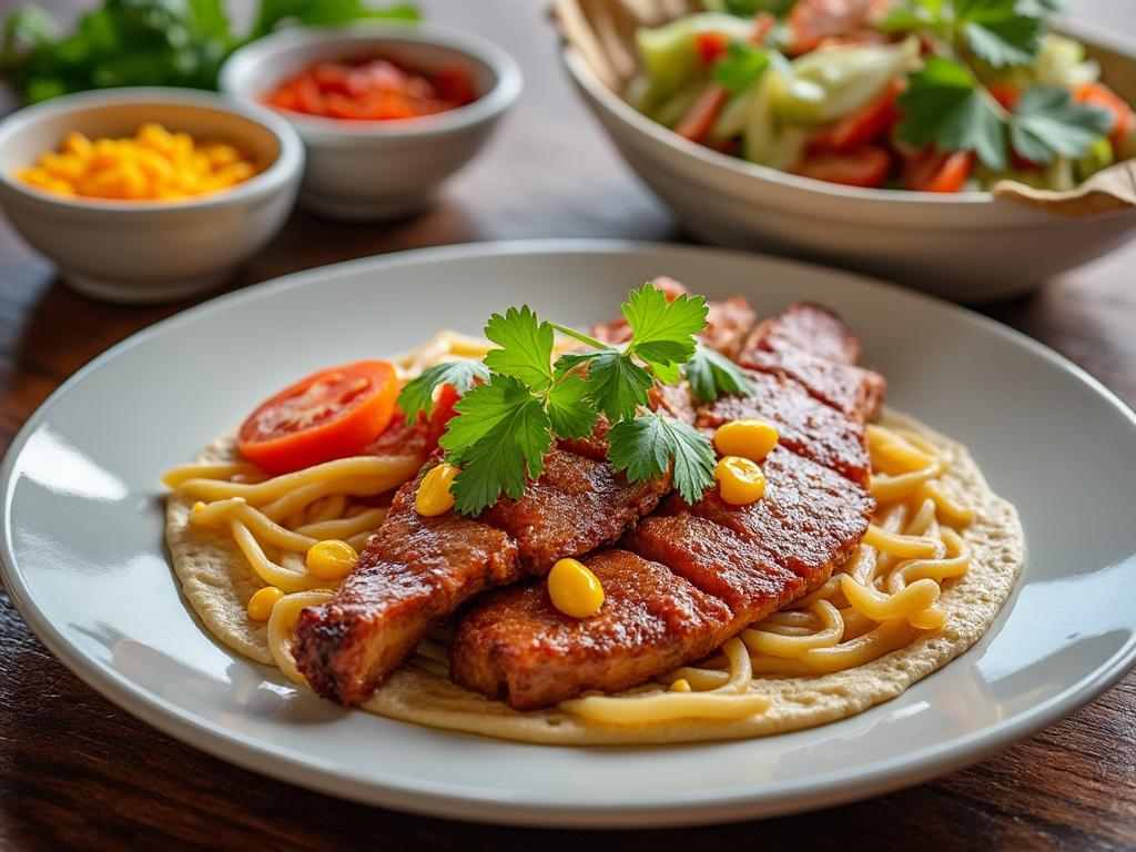 Plato de carne asada sobre espagueti y tortilla, decorado con maíz y perejil, con ensalada y salsas en el fondo.