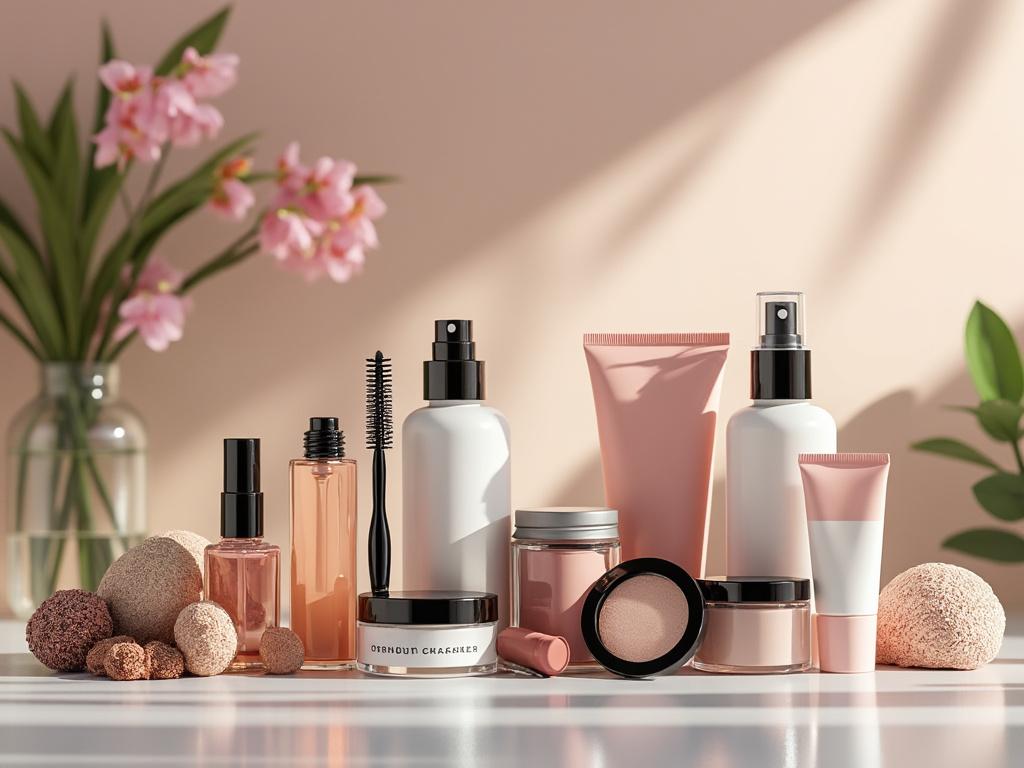 Productos de cuidado personal y cosméticos en envases rosados, acompañados de flores y esponjas en un fondo claro.
