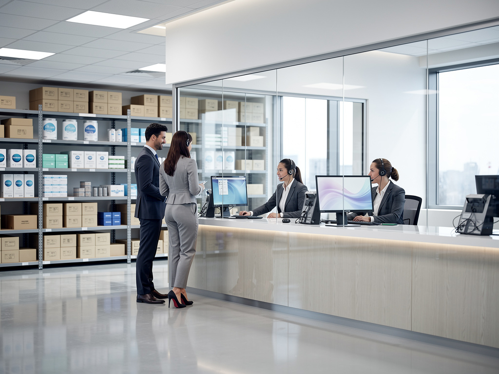 Atención al cliente en recepción de almacén farmacéutico moderno con empleados y estanterías de productos médicos