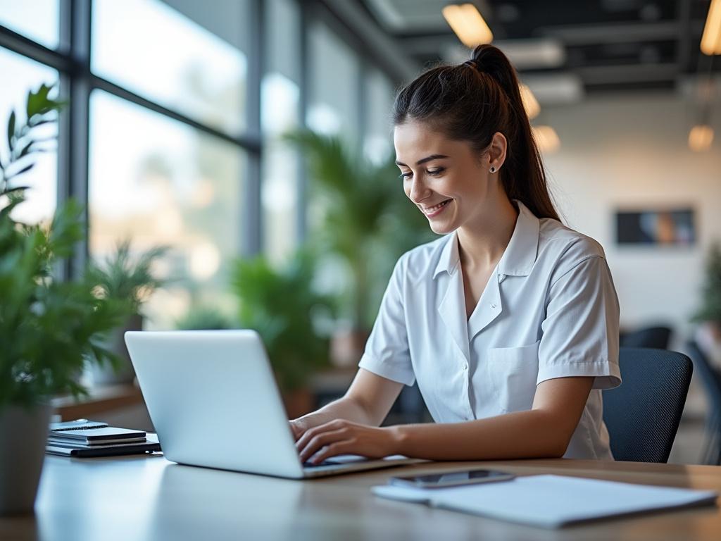Mujer joven trabajando en laptop en una oficina moderna, rodeada de plantas y luz natural.