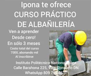 Anuncio de curso práctico de albañilería con información de contacto y detalles del programa impartido por Ipona.