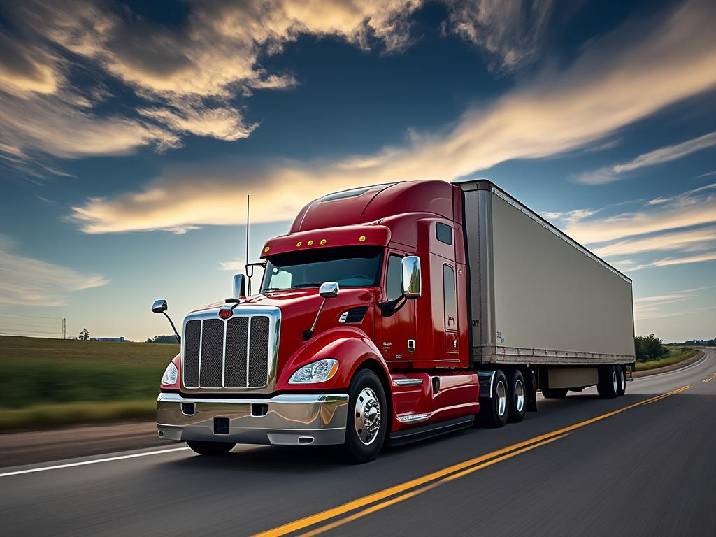 Red semi-truck with trailer driving on a highway under a blue sky with clouds.