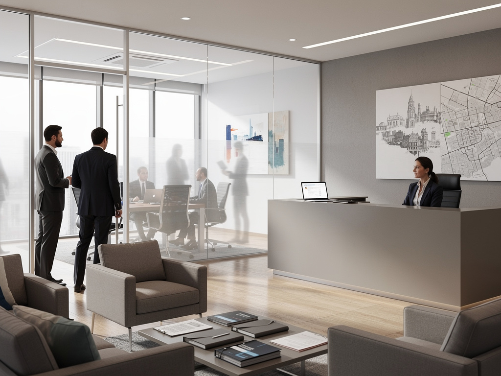 Recepción de oficina moderna con sala de reuniones acristalada, ejecutivos y recepcionista en espacio corporativo elegante