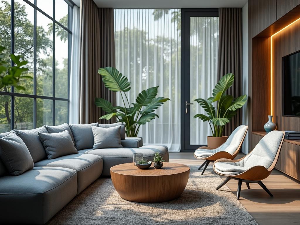 Moderno salón con sofá gris, mesa de centro de madera, sillones elegantes y plantas junto a grandes ventanales.