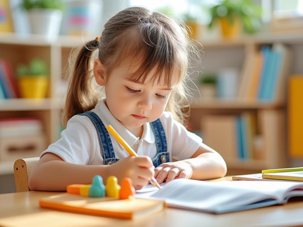 Niña pequeña escribiendo en un cuaderno en un aula luminosa.