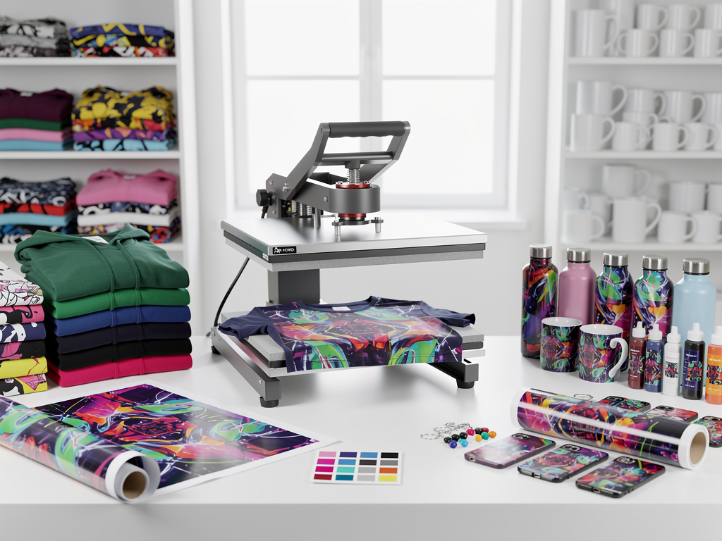 Prensa de calor para sublimación con camisetas, tazas, botellas y vinilos personalizados en taller de impresión Prensa de calor para sublimación con camisetas, tazas, botellas y vinilos personalizados en taller de impresión