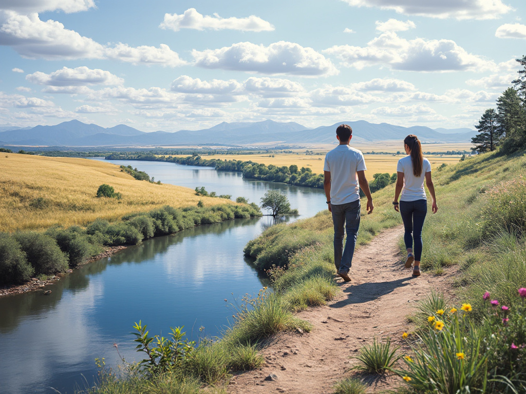 A couple walking along a scenic path by a river with fields and mountains in the background under a cloudy sky.