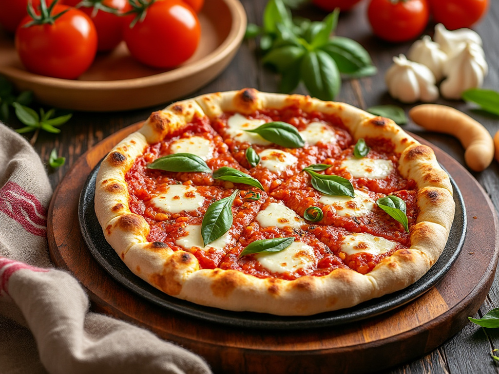 Pizza margherita com queijo derretido, molho de tomate e folhas de manjericão sobre tábua de madeira, tomates frescos ao fundo.