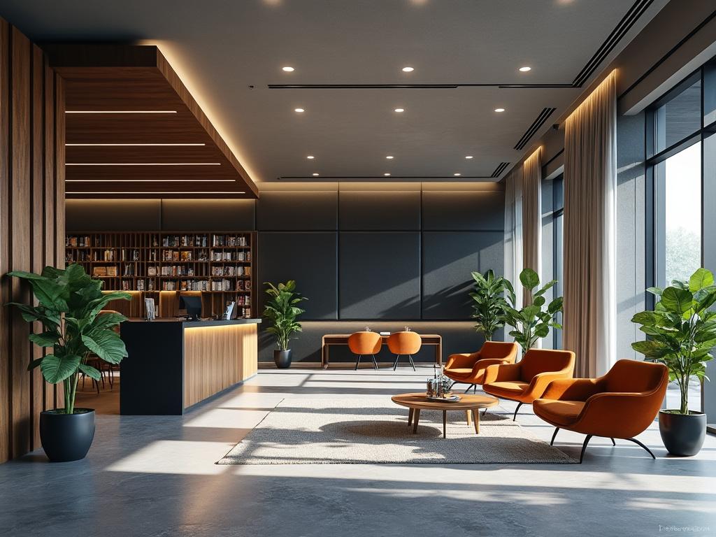 Modern lobby interior with wooden accents, orange chairs, plants, and large windows.
