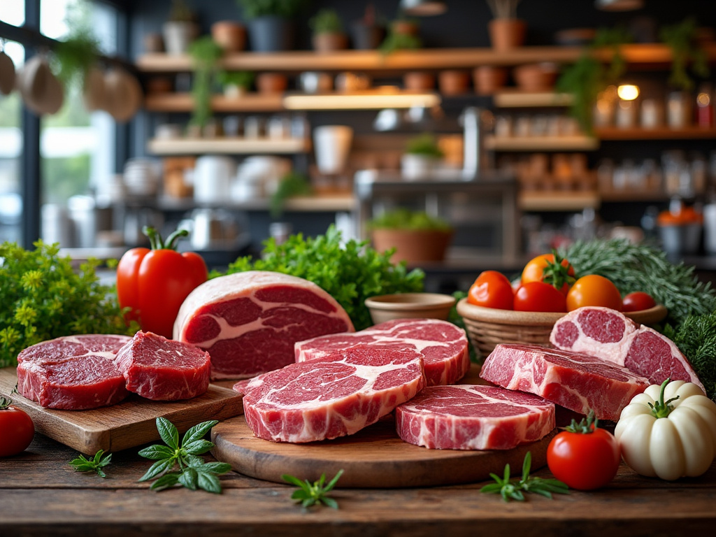 Variedad de cortes de carne cruda sobre tablas de madera rodeadas de vegetales frescos como tomates y hierbas en una cocina moderna.