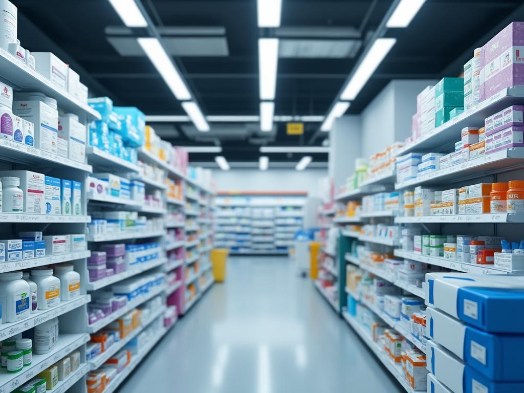 Pasillo de farmacia con estantes llenos de medicamentos y productos de salud organizados.
