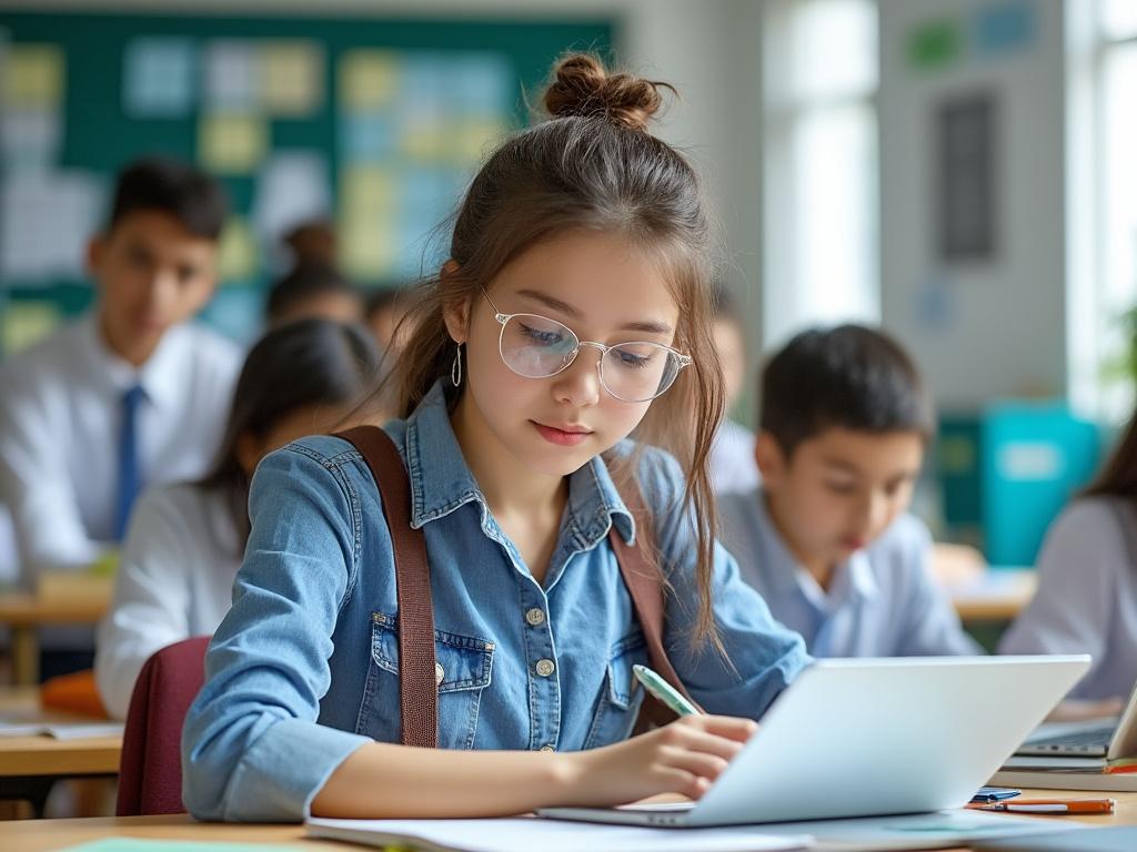 Una estudiante concentrada trabajando en su portátil en un aula, rodeada de otros alumnos que también estudian.