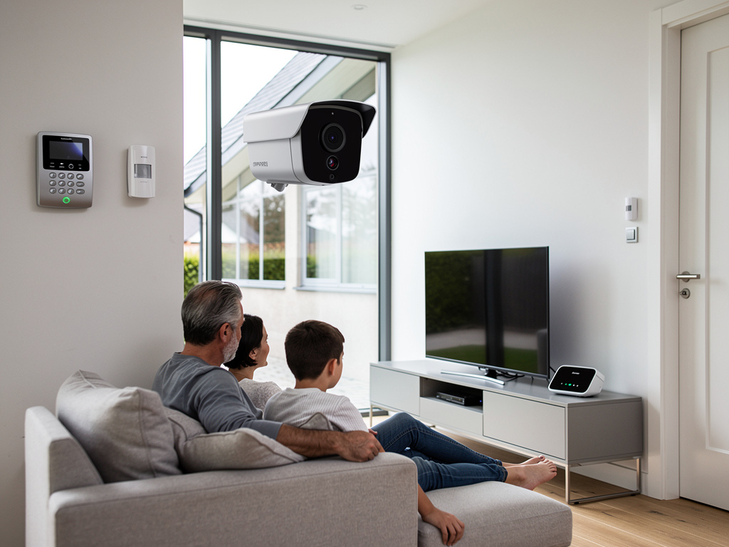 Familia en sala moderna con cámara de seguridad interior, alarma y sistema de domótica para protección del hogar Familia en sala moderna con cámara de seguridad interior, alarma y sistema de domótica para protección del hogar
