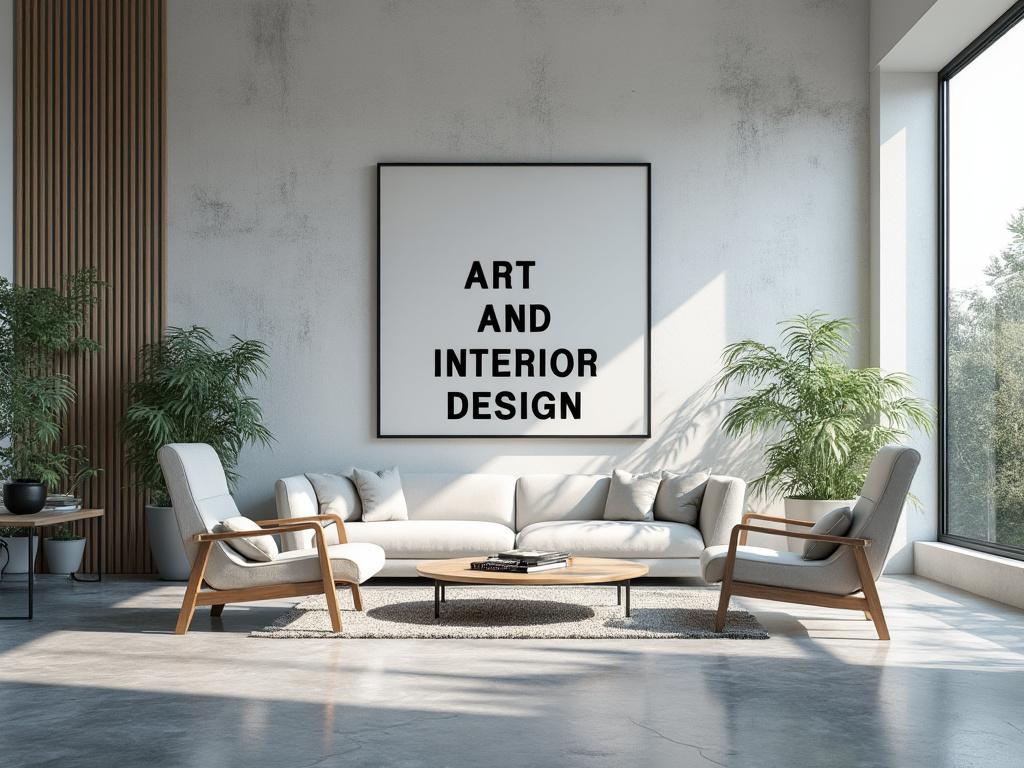 Sala de estar moderna con muebles minimalistas, pared decorada con un cartel que dice 'Art and Interior Design', plantas verdes y amplio ventanal.