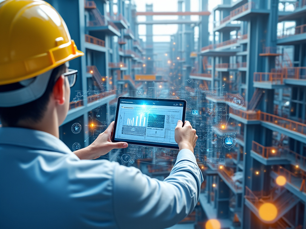 Ingeniero en casco amarillo usando tablet con gráficos en un sitio de construcción moderno.