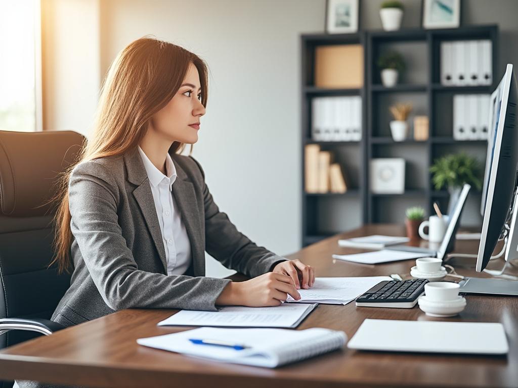 Professional woman in business attire working at desk in modern office setting.
