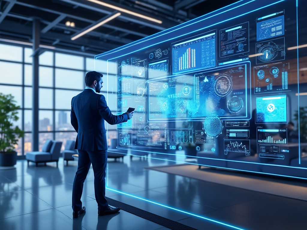 Hombre de negocios interactuando con pantalla táctil digital en oficina moderna, mostrando gráficos de datos y estadísticas.