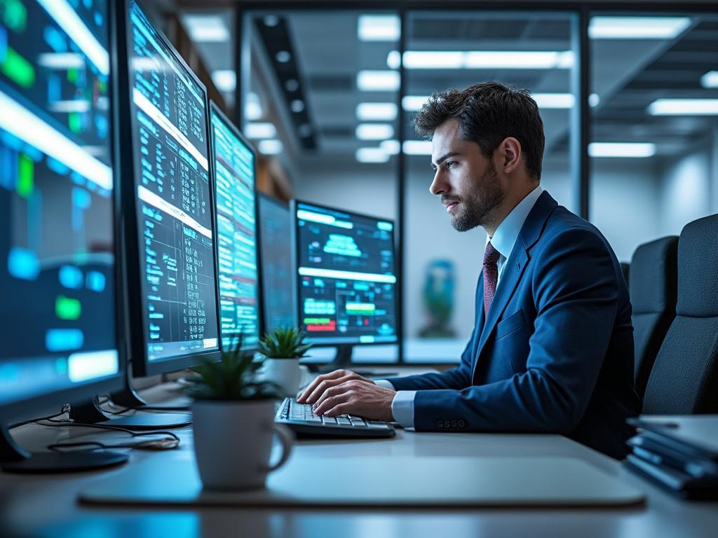 Businessman analyzing data on multiple computer screens in modern office.
