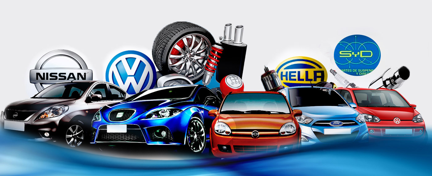 Imagen de varios automóviles con logotipos de marcas como Nissan, Volkswagen, piezas de automoción como ruedas y sistemas de escape.