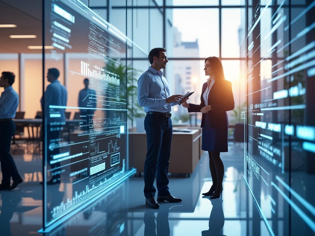 Personas de negocios conversando en un entorno moderno con pantallas digitales y gráficos en un edificio de oficinas iluminado por la luz del sol.