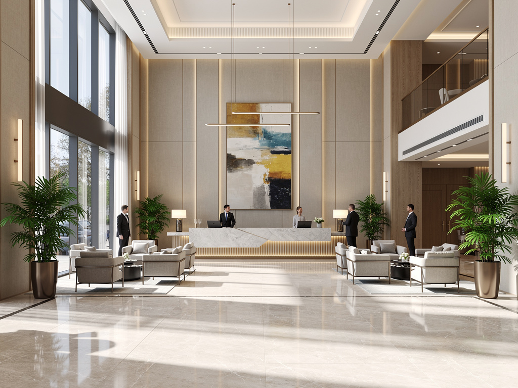 Vestíbulo de hotel moderno y lujoso con recepción, grandes ventanales, plantas decorativas y zona de espera elegante