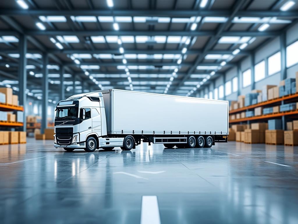 Camión de carga blanco dentro de un almacén grande con cajas en estanterías.