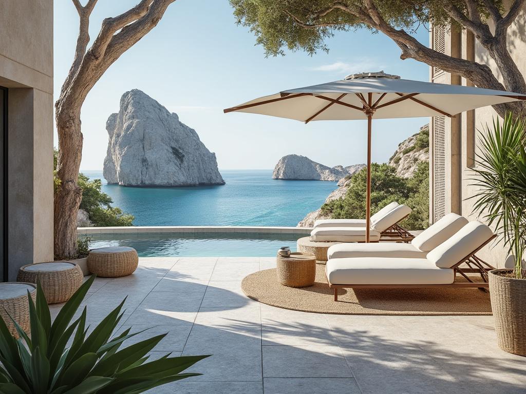 Luxury Mediterranean terrace with infinity pool, sun loungers, umbrella, and sea view of rocky islands Luxury Mediterranean terrace with infinity pool, sun loungers, umbrella, and sea view of rocky islands