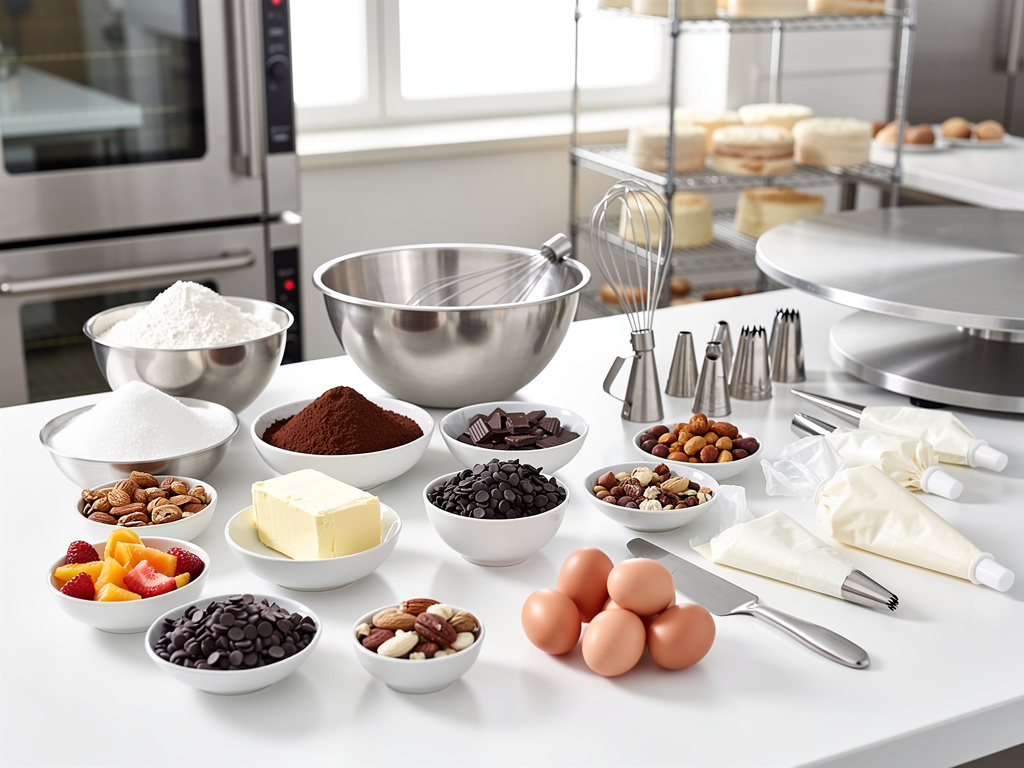 Ingredientes y utensilios de repostería en cocina profesional con harina, azúcar, chocolate, huevos, manga pastelera y batidora Ingredientes y utensilios de repostería en cocina profesional con harina, azúcar, chocolate, huevos, manga pastelera y batidora