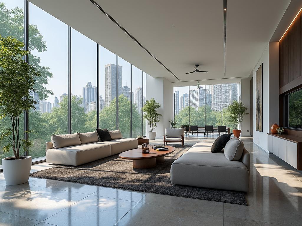 Sala de estar moderna con sofás beige, mesa de centro de madera y grandes ventanas con vista a la ciudad.