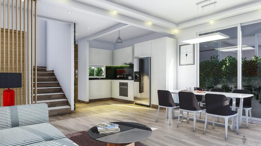 Llevan terminación en porcelanato, cocinas modulares, ventanas p8.